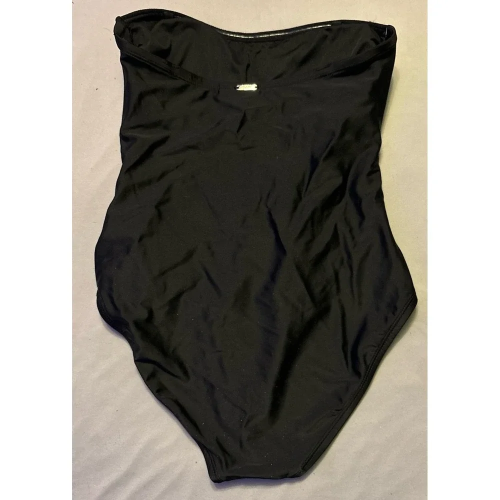 DKNY Women's Ruched Waist Slimming Strapless Black‎ One Piece Swimsuit, Small - Picture 3 of 6